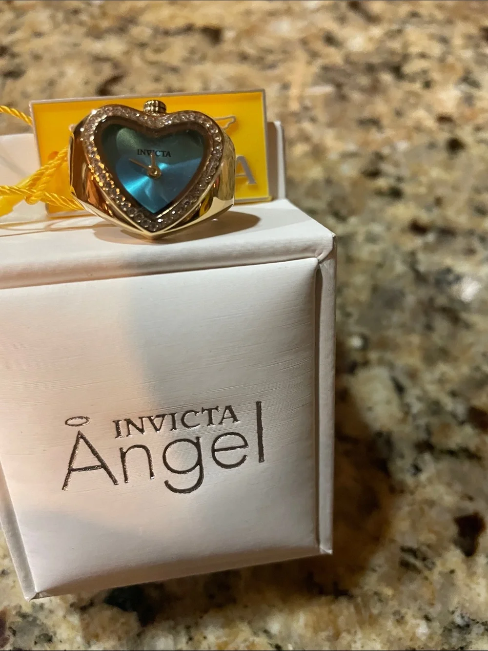 Invicta Gold Tone Heart Ring with Teal Dial and Crystal Accents